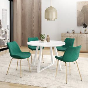 English Elm Avant Round Trestle Dining Set Seats Four with Boucle Chairs and Gold Metal Frames White+Green T2574S00193