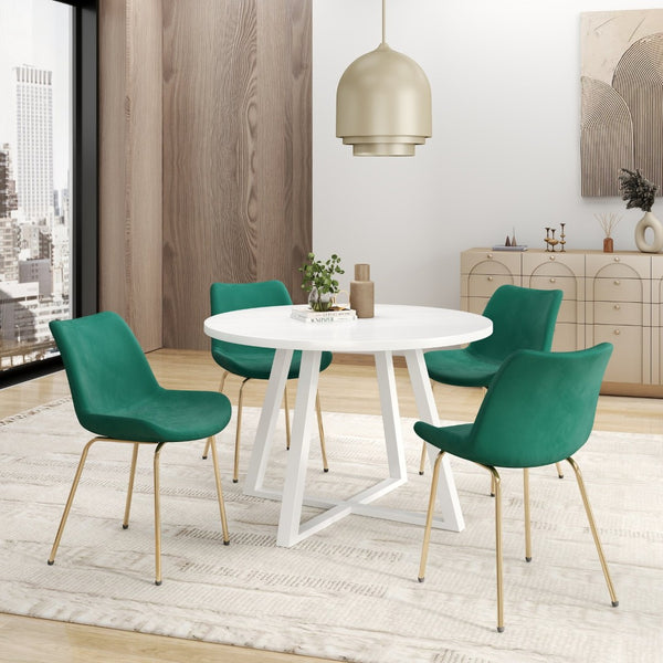 English Elm Avant Round Trestle Dining Set Seats Four with Boucle Chairs and Gold Metal Frames White+Green T2574S00193