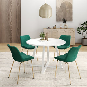 English Elm Avant Round Trestle Dining Set Seats Four with Boucle Chairs and Gold Metal Frames White+Green T2574S00193