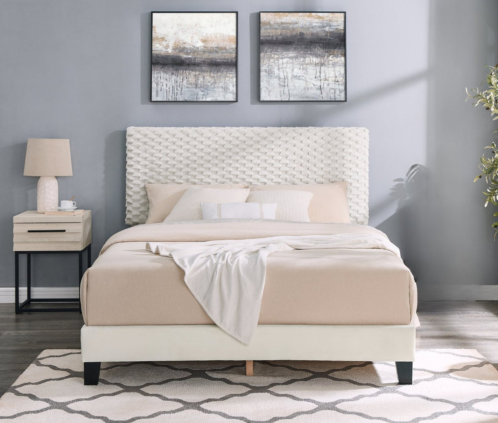 English Elm Findlay Full Platform Bed and Nightstand Set Upholstered in Soft White Dove Fabric T2574S00195