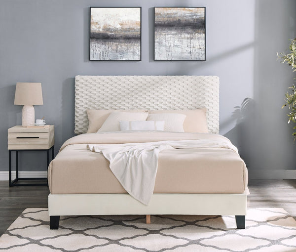 English Elm Findlay Full Platform Bed and Nightstand Set Upholstered in Soft White Dove Fabric T2574S00195