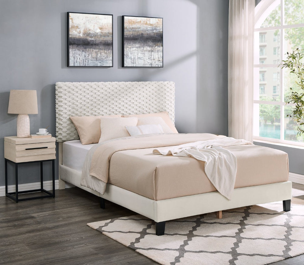 English Elm Findlay Full Platform Bed and Nightstand Set Upholstered in Soft White Dove Fabric T2574S00195
