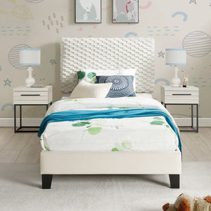 English Elm Findlay Twin Platform Bed Set with Padded Headboard and Two Wood Grain Nightstands T2574S00200