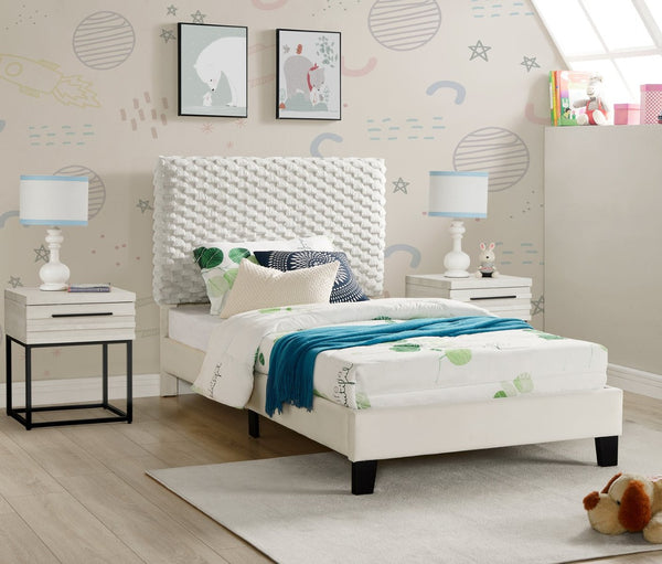 English Elm Findlay Twin Platform Bed Set with Padded Headboard and Two Wood Grain Nightstands T2574S00200