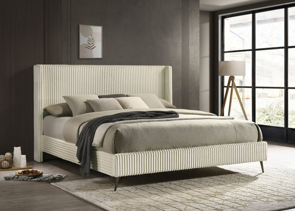 English Elm Mavela Corduroy Wingback Panel King Bed with Tall Ribbed Headboard for Bedroom Cream T2574S00201