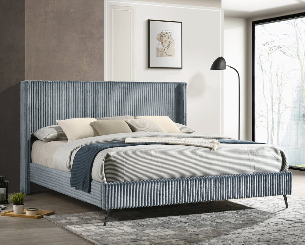 English Elm Mavela Corduroy Wingback Panel King Bed with Tall Ribbed Headboard for Bedroom Blue T2574S00202