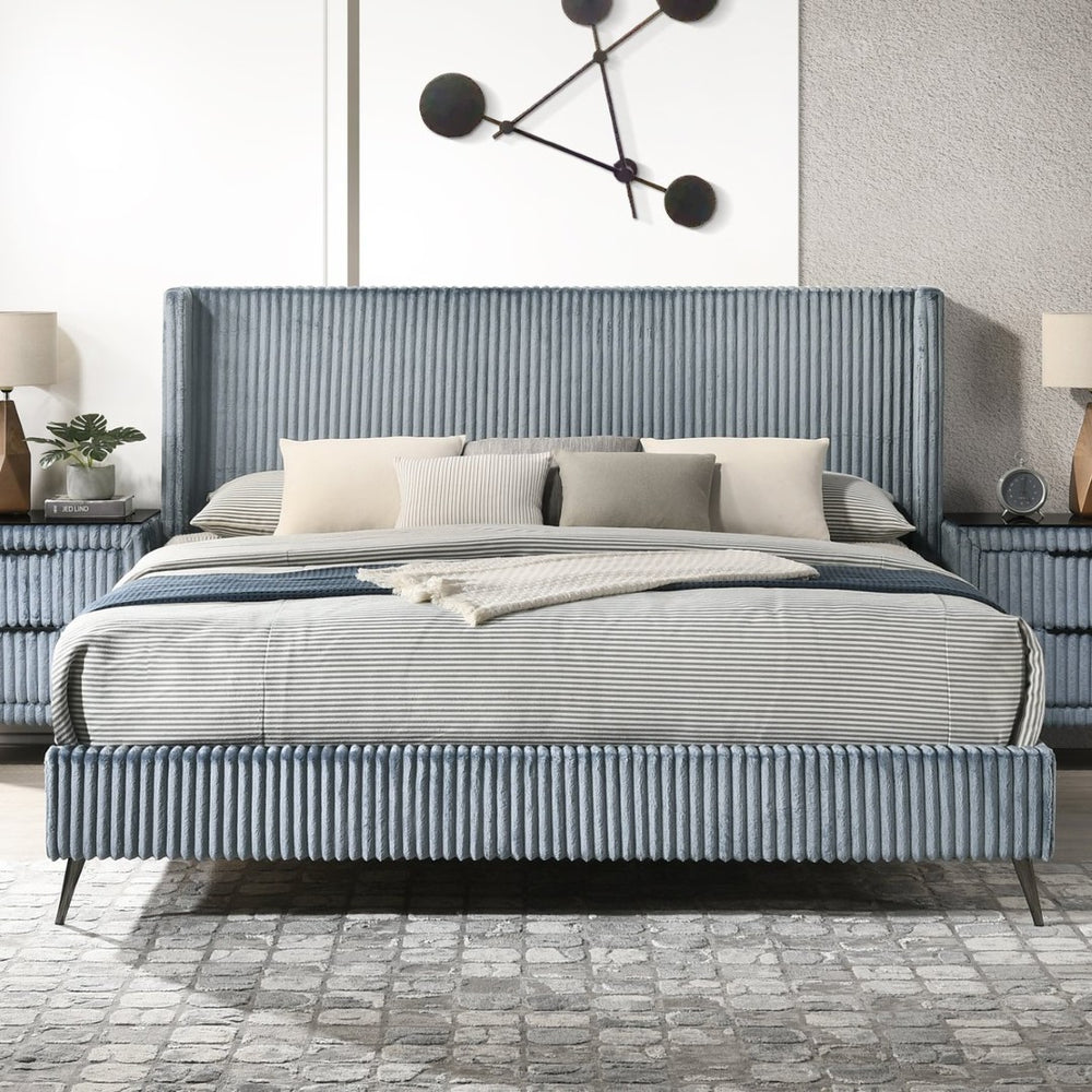 English Elm Mavela Corduroy Wingback Panel King Bed with Tall Ribbed Headboard for Bedroom Blue T2574S00202