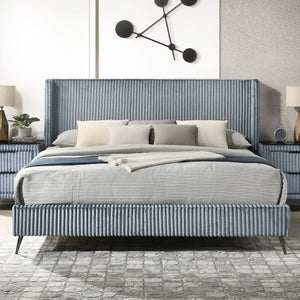 English Elm Mavela Corduroy Wingback Panel King Bed with Tall Ribbed Headboard for Bedroom Blue T2574S00202