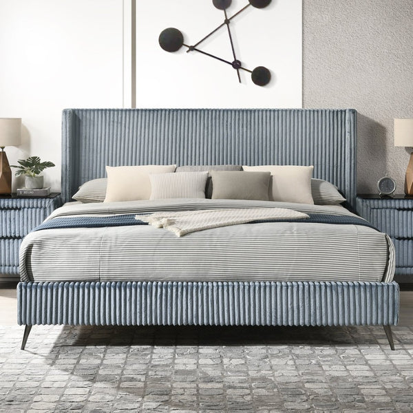 English Elm Mavela Corduroy Wingback Panel King Bed with Tall Ribbed Headboard for Bedroom Blue T2574S00202