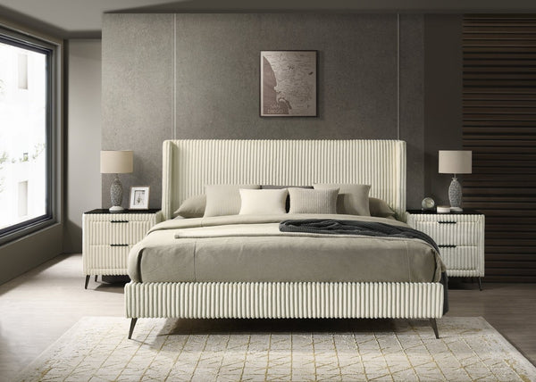 English Elm Mavela Wingback King Bed Set with Corduroy Headboard and Two Matching Nightstands Cream T2574S00205