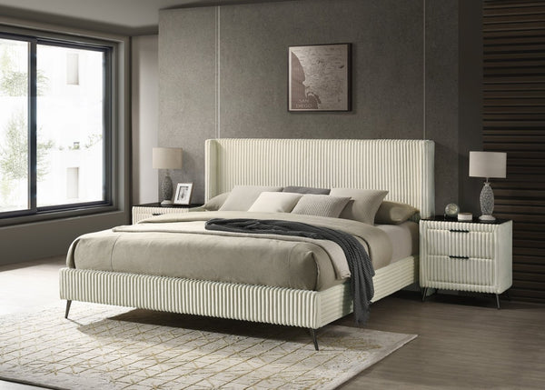 English Elm Mavela Wingback King Bed Set with Corduroy Headboard and Two Matching Nightstands Cream T2574S00205