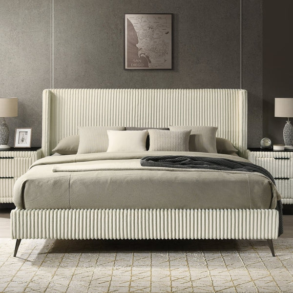 English Elm Mavela Wingback King Bed Set with Corduroy Headboard and Two Matching Nightstands Cream T2574S00205