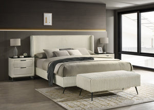 English Elm Mavela Wingback King Bedroom Set with Corduroy Fabric Nightstands and Upholstered Bench Cream T2574S00206
