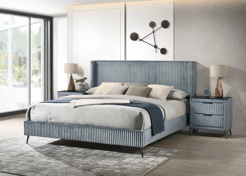 English Elm Mavela Wingback King Bed Set with Corduroy Headboard and Two Matching Nightstands Blue T2574S00209