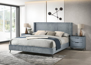 English Elm Mavela Wingback King Bed Set with Corduroy Headboard and Two Matching Nightstands Blue T2574S00209