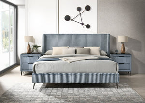 English Elm Mavela Wingback King Bed Set with Corduroy Headboard and Two Matching Nightstands Blue T2574S00209