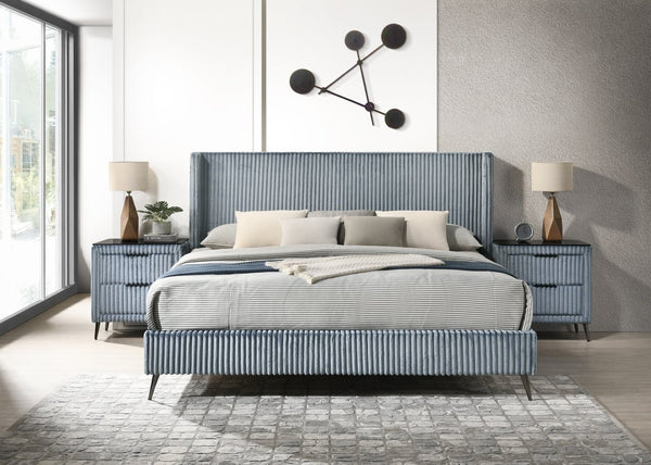 English Elm Mavela Wingback King Bed Set with Corduroy Headboard and Two Matching Nightstands Blue T2574S00209