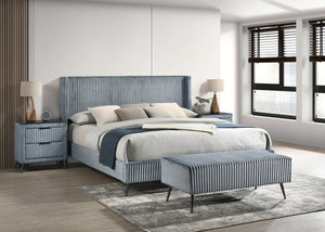 English Elm Mavela Wingback King Bedroom Set with Corduroy Fabric Nightstands and Upholstered Bench Blue T2574S00210