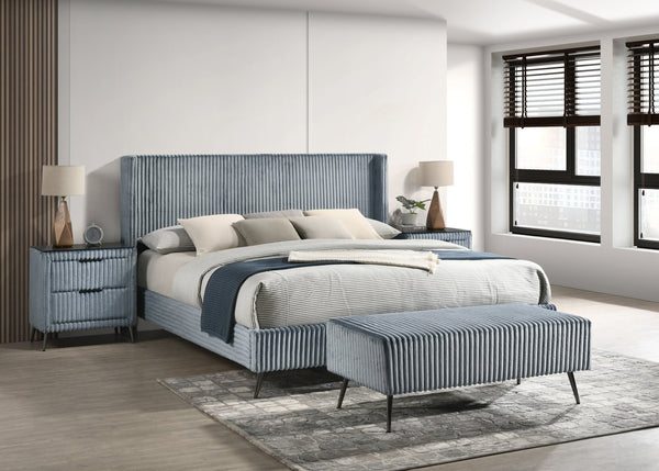 English Elm Mavela Wingback King Bedroom Set with Corduroy Fabric Nightstands and Upholstered Bench Blue T2574S00210