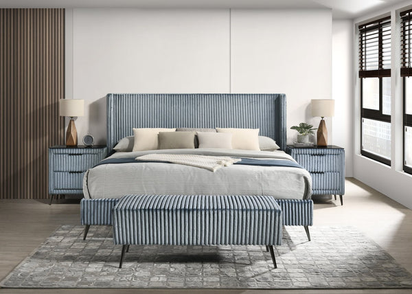 English Elm Mavela Wingback King Bedroom Set with Corduroy Fabric Nightstands and Upholstered Bench Blue T2574S00210