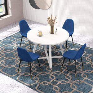 English Elm Evatt 5 Piece Round Dining Set Velvet Chairs Trestle Base Wood Grain Top Seats 4 Blue T2574S00216