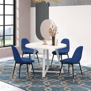 English Elm Evatt 5 Piece Round Dining Set Velvet Chairs Trestle Base Wood Grain Top Seats 4 Blue T2574S00216