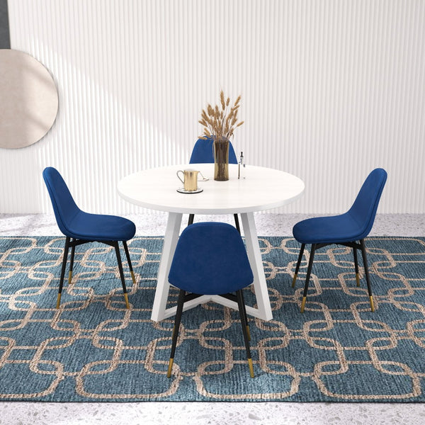 English Elm Evatt 5 Piece Round Dining Set Velvet Chairs Trestle Base Wood Grain Top Seats 4 Blue T2574S00216