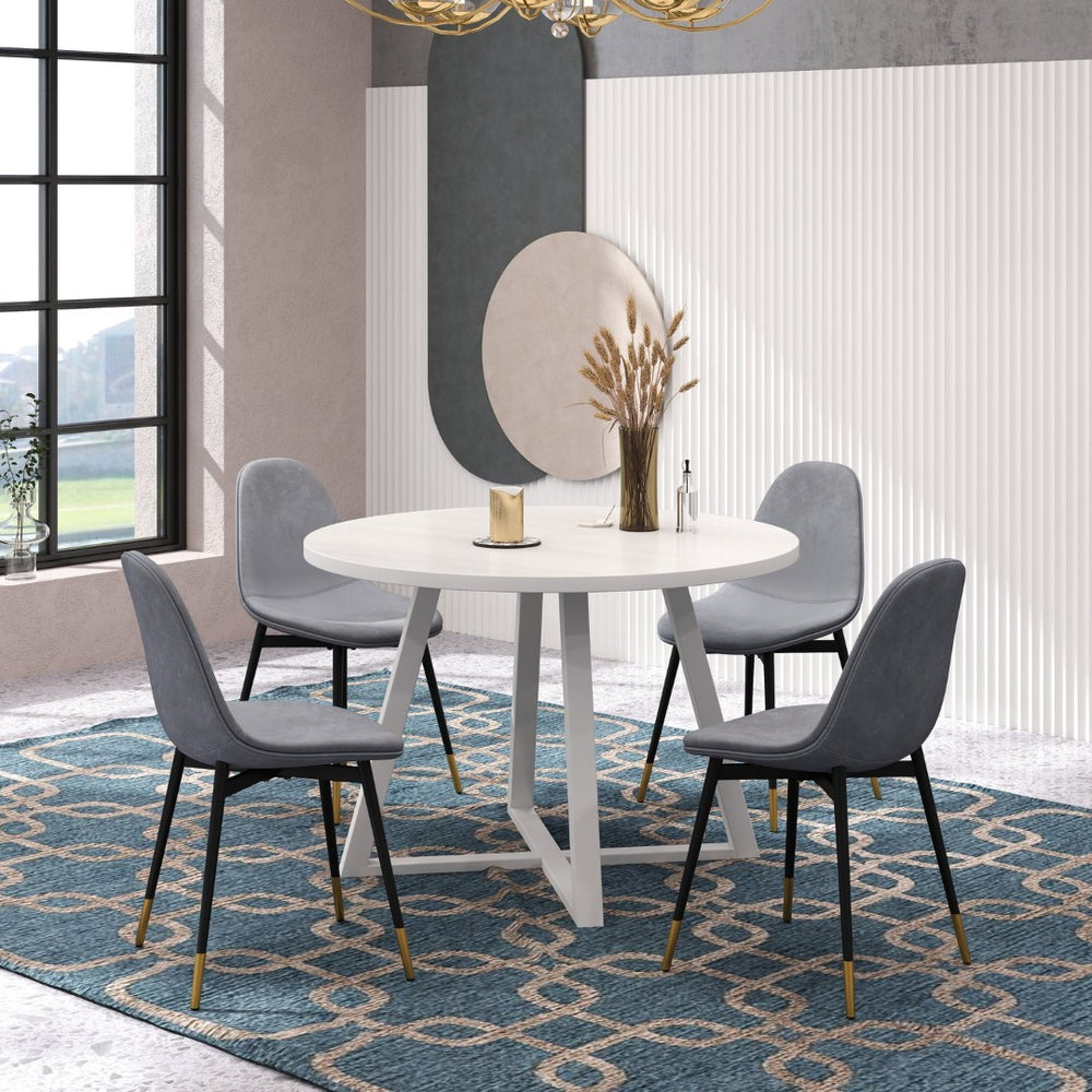 English Elm Evatt 5 Piece Round Dining Set Velvet Chairs Trestle Base Wood Grain Top Seats 4 Gray T2574S00217