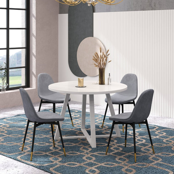 English Elm Evatt 5 Piece Round Dining Set Velvet Chairs Trestle Base Wood Grain Top Seats 4 Gray T2574S00217