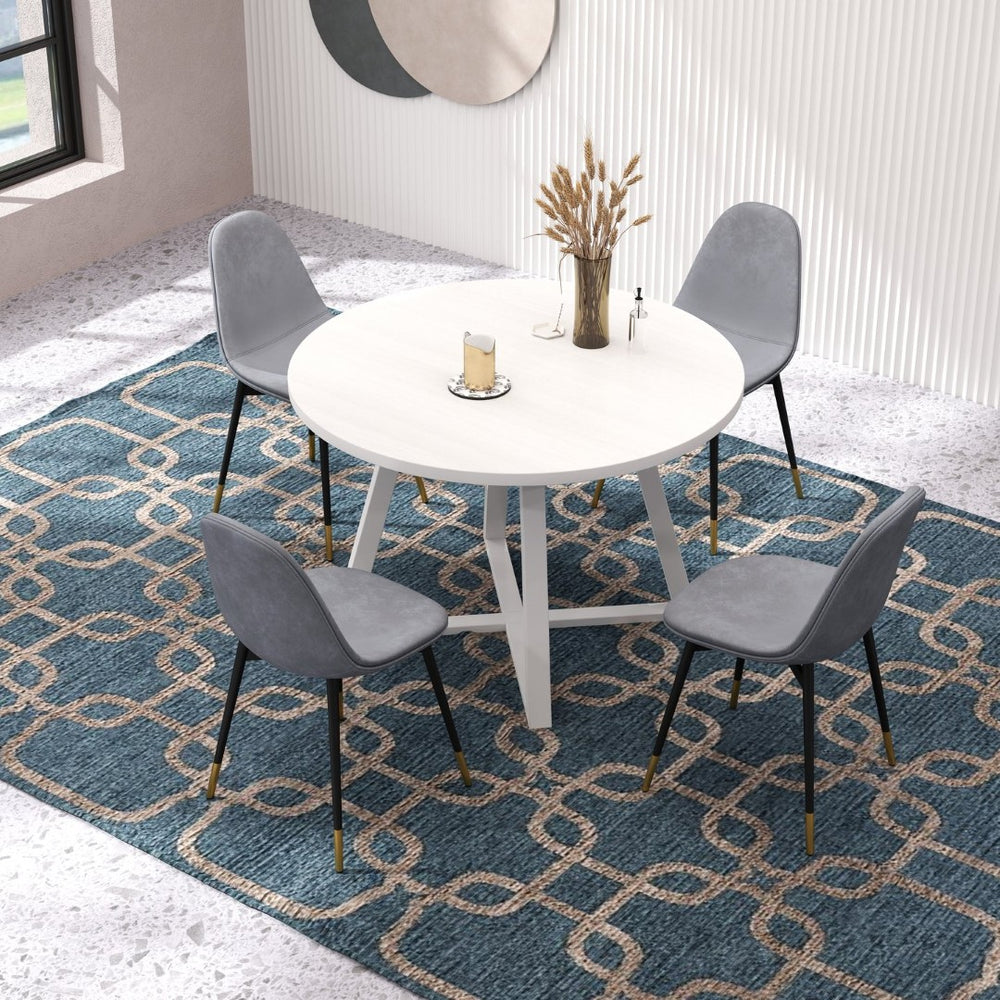 English Elm Evatt 5 Piece Round Dining Set Velvet Chairs Trestle Base Wood Grain Top Seats 4 Gray T2574S00217