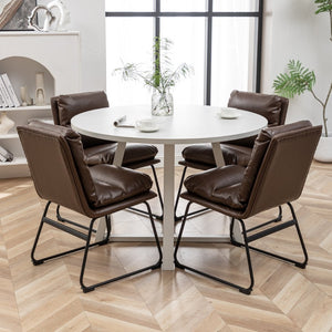 English Elm Innes Round Dining Set Seats Four with Trestle Table and Faux Leather Upholstered Chairs Antique Brown T2574S00220