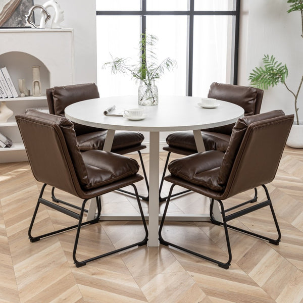 English Elm Innes Round Dining Set Seats Four with Trestle Table and Faux Leather Upholstered Chairs Antique Brown T2574S00220