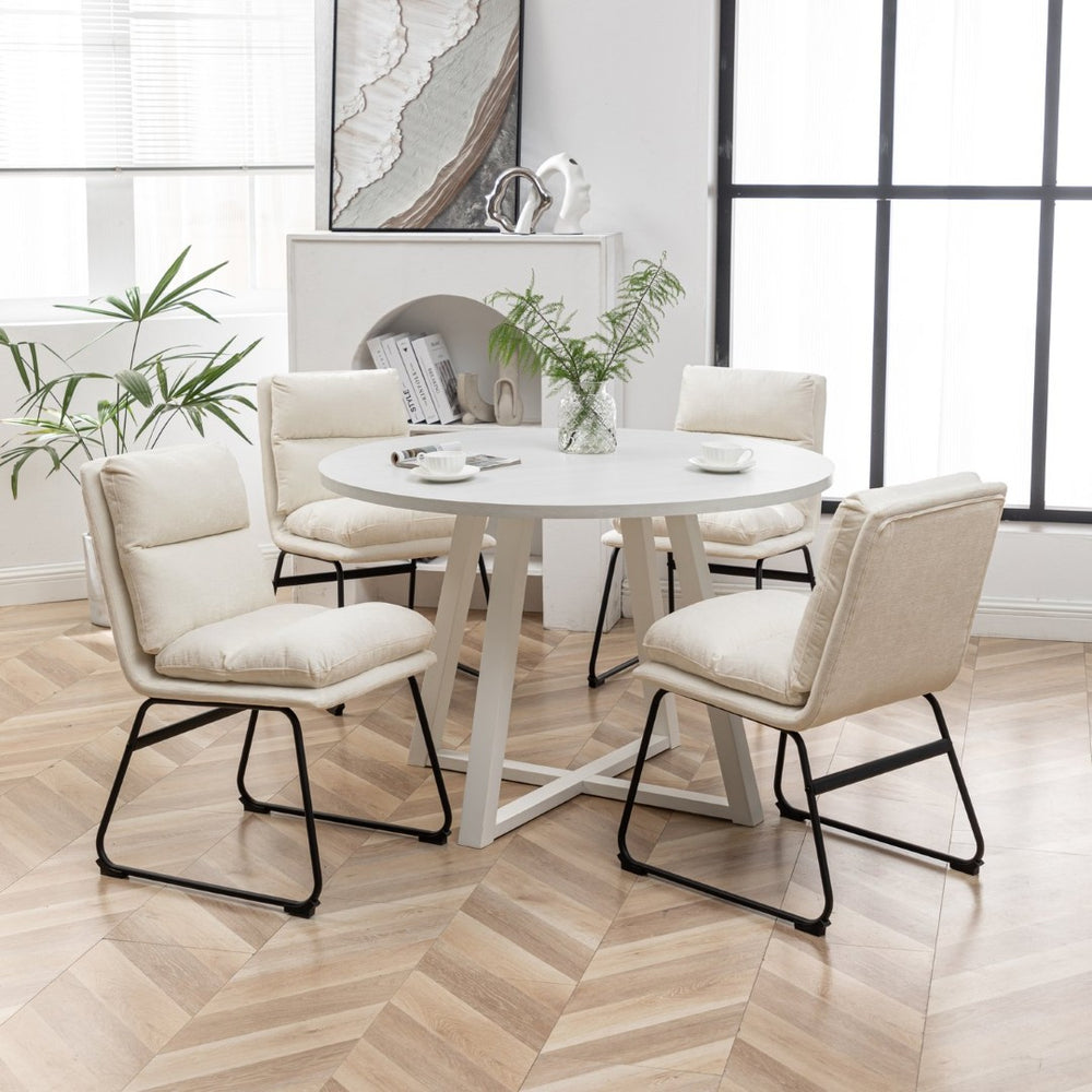 English Elm Innes Round Dining Set Seats Four with Trestle Table and Faux Leather Upholstered Chairs Vanilla White T2574S00221