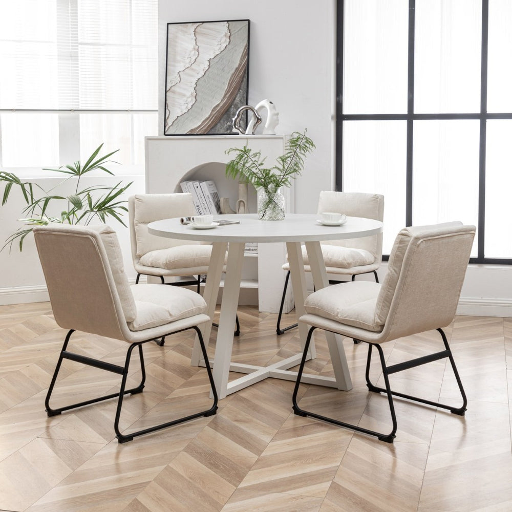 English Elm Innes Round Dining Set Seats Four with Trestle Table and Faux Leather Upholstered Chairs Vanilla White T2574S00221