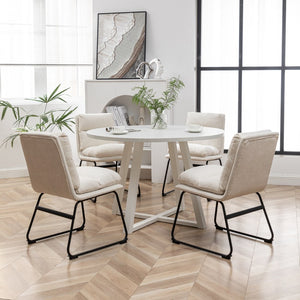 English Elm Innes Round Dining Set Seats Four with Trestle Table and Faux Leather Upholstered Chairs Vanilla White T2574S00221