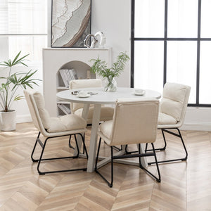 English Elm Innes Round Dining Set Seats Four with Trestle Table and Faux Leather Upholstered Chairs Vanilla White T2574S00221