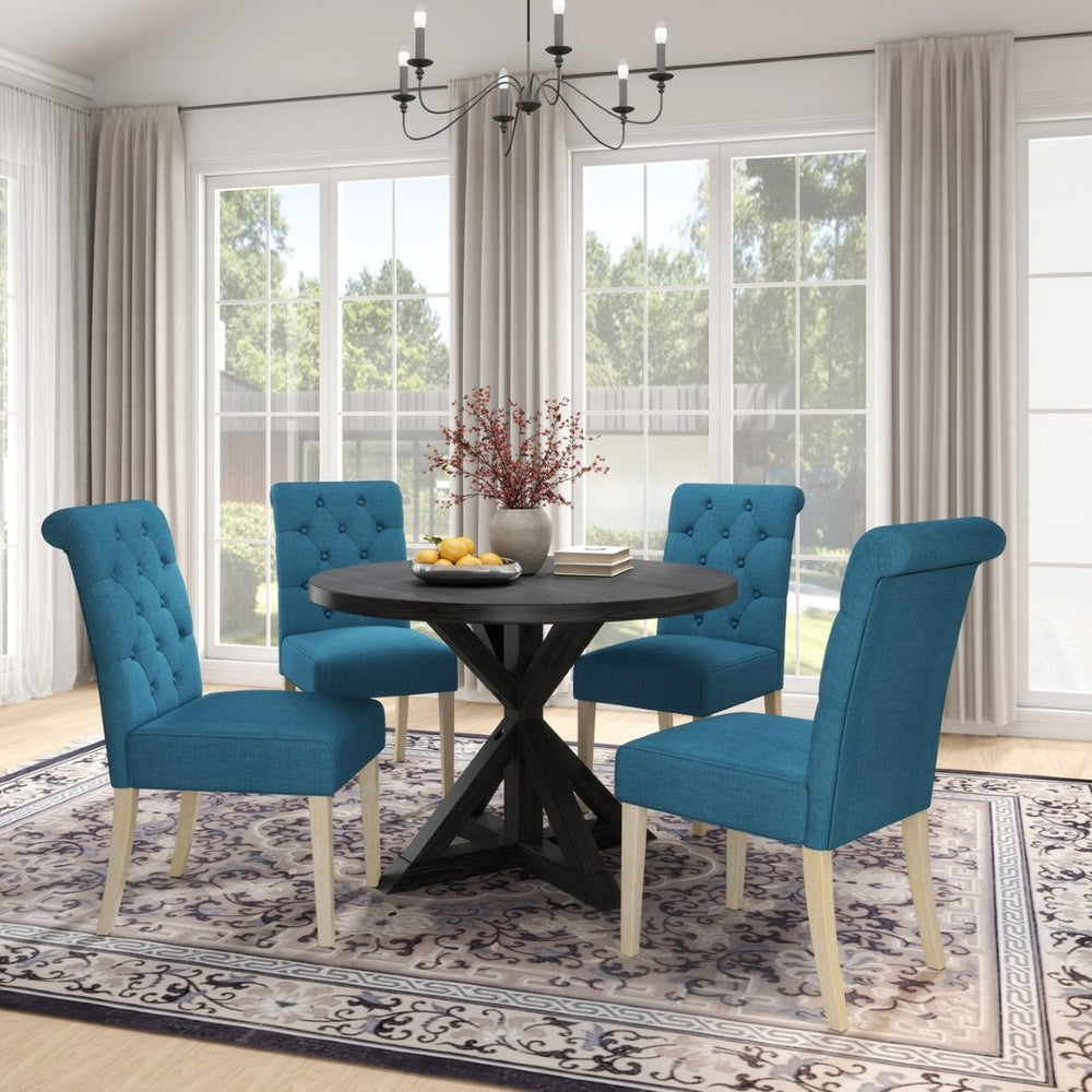 English Elm Banff Round Oak Veneer Dining Set with Cross-Buck Pedestal and Tufted Parsons Chairs Blue T2574S00222