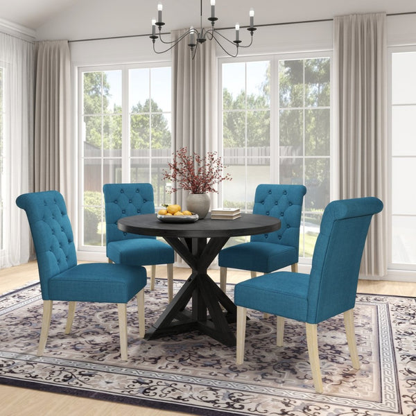 English Elm Banff Round Oak Veneer Dining Set with Cross-Buck Pedestal and Tufted Parsons Chairs Blue T2574S00222
