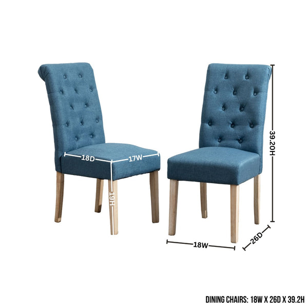 English Elm Banff Round Oak Veneer Dining Set with Cross-Buck Pedestal and Tufted Parsons Chairs Blue T2574S00222