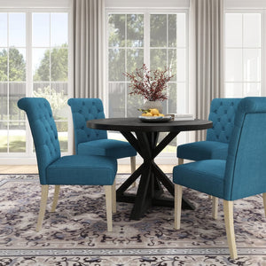 English Elm Banff Round Oak Veneer Dining Set with Cross-Buck Pedestal and Tufted Parsons Chairs Blue T2574S00222