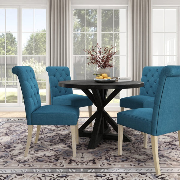 English Elm Banff Round Oak Veneer Dining Set with Cross-Buck Pedestal and Tufted Parsons Chairs Blue T2574S00222