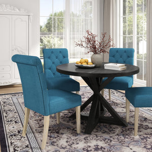 English Elm Banff Round Oak Veneer Dining Set with Cross-Buck Pedestal and Tufted Parsons Chairs Blue T2574S00222