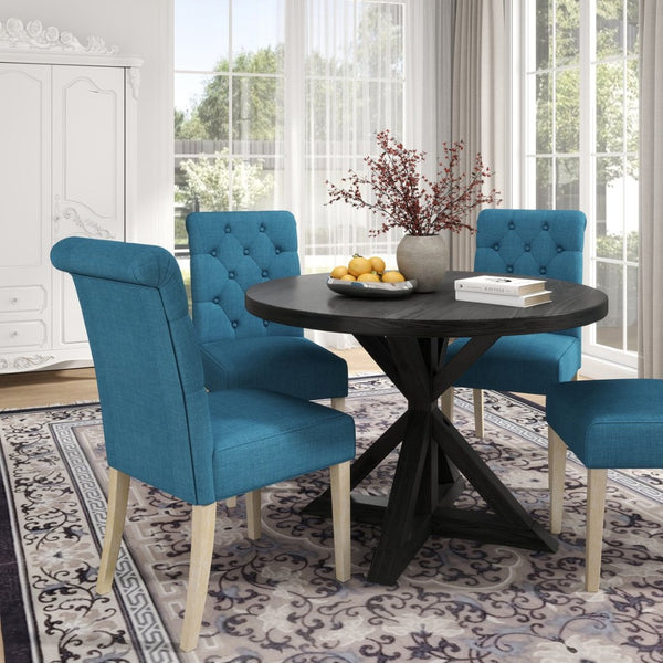 English Elm Banff Round Oak Veneer Dining Set with Cross-Buck Pedestal and Tufted Parsons Chairs Blue T2574S00222