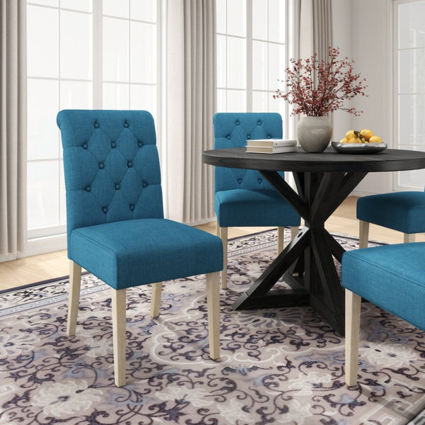 English Elm Banff Round Oak Veneer Dining Set with Cross-Buck Pedestal and Tufted Parsons Chairs Blue T2574S00222