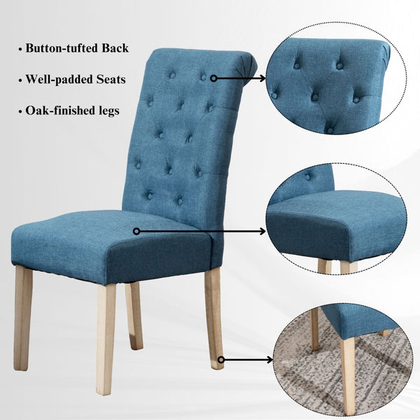 English Elm Banff Round Oak Veneer Dining Set with Cross-Buck Pedestal and Tufted Parsons Chairs Blue T2574S00222
