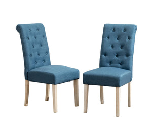 English Elm Banff Round Oak Veneer Dining Set with Cross-Buck Pedestal and Tufted Parsons Chairs Blue T2574S00222