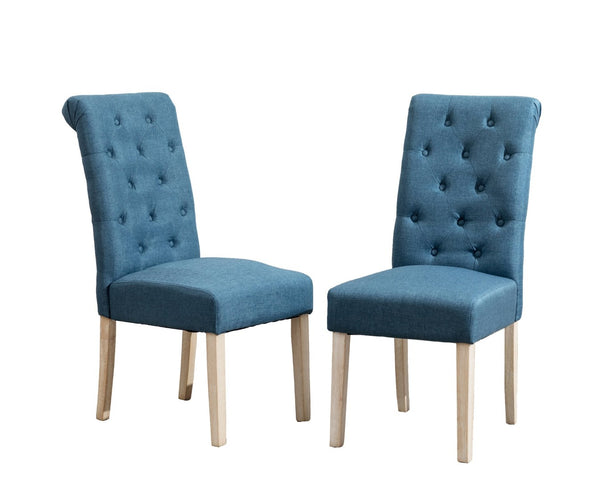 English Elm Banff Round Oak Veneer Dining Set with Cross-Buck Pedestal and Tufted Parsons Chairs Blue T2574S00222
