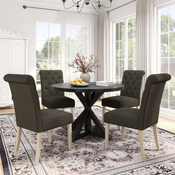 English Elm Banff Round Oak Veneer Dining Set with Cross-Buck Pedestal and Tufted Parsons Chairs Charcoal T2574S00223