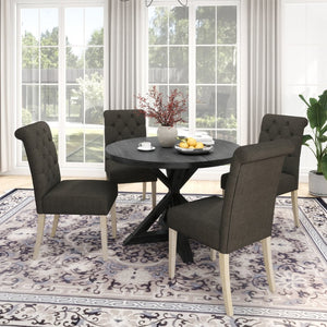 English Elm Banff Round Oak Veneer Dining Set with Cross-Buck Pedestal and Tufted Parsons Chairs Charcoal T2574S00223