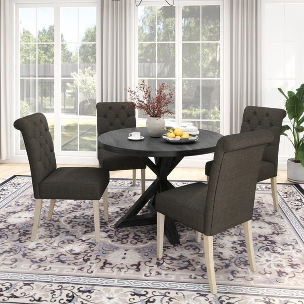 English Elm Banff Round Oak Veneer Dining Set with Cross-Buck Pedestal and Tufted Parsons Chairs Charcoal T2574S00223